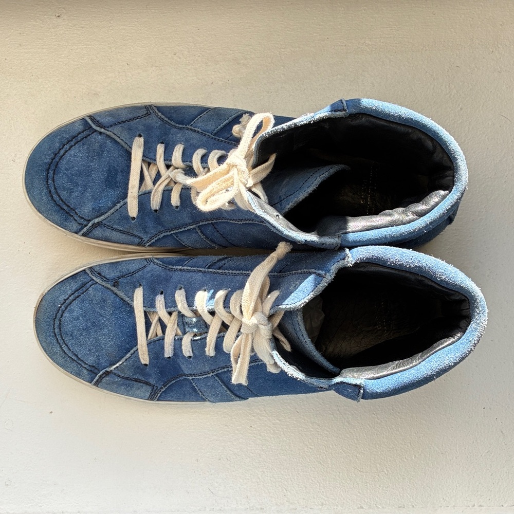 Saint Laurent Joe Distressed Blue Suede High-Top Sneakers - Picture 2 of 10